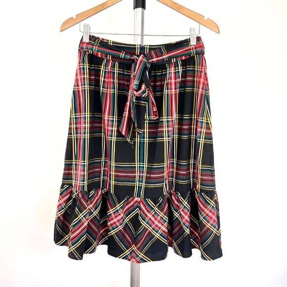 Sz 2- J. Crew Factory Black Plaid Cotton Ruffle Bow A-Line Midi Skirt - Picture 6 of 12